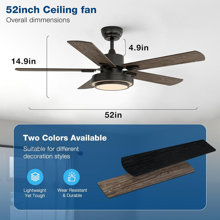 Ceiling Fans with Lights and Remote Control, 52 Inch, 6 Speeds Reversible DC Motor, 3 Color Dimmable Light, Timer, Noiseless, Black, 5 Blades