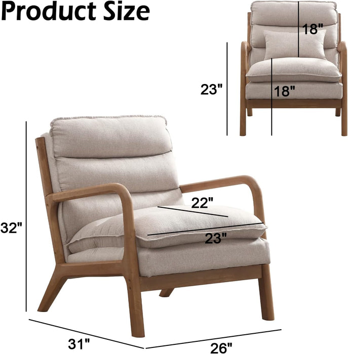 Mid Century Modern Accent Chair with Wood Frame, Upholstered Reading Armchair with Waist Cushion, Double Padded Accent Chair, Side Chair for Living Room Bedroom Office, Easy Assembly, Beige