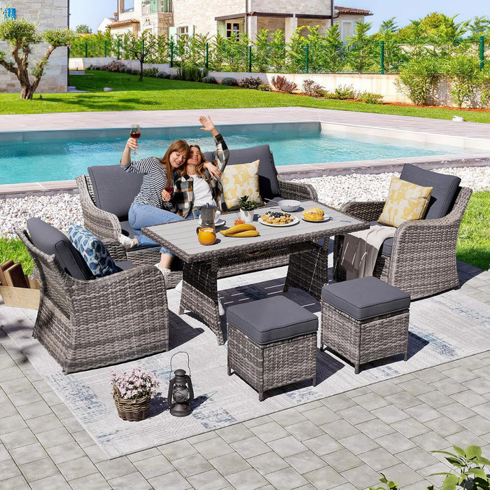 6 Pieces Outdoor Patio Furniture Set, Wicker Patio Conversation Set, Patio Sectional Furniture Set with 2 Single Chair and Sofa, 2 Ottomans and Dining Table (Grey)