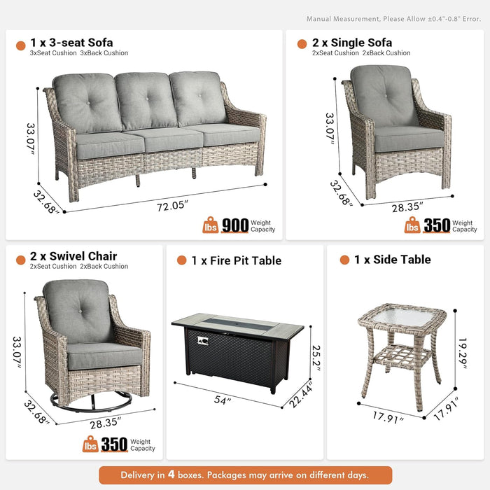 7 PCS Outdoor Patio Furniture Set with Fire Pit Table and Swivel Rocking Chairs,Patio Seating outside Sofa and Chair Set,All Weather Wicker Outdoor Conversation Sets for Yard Porch Deck,Dark Grey