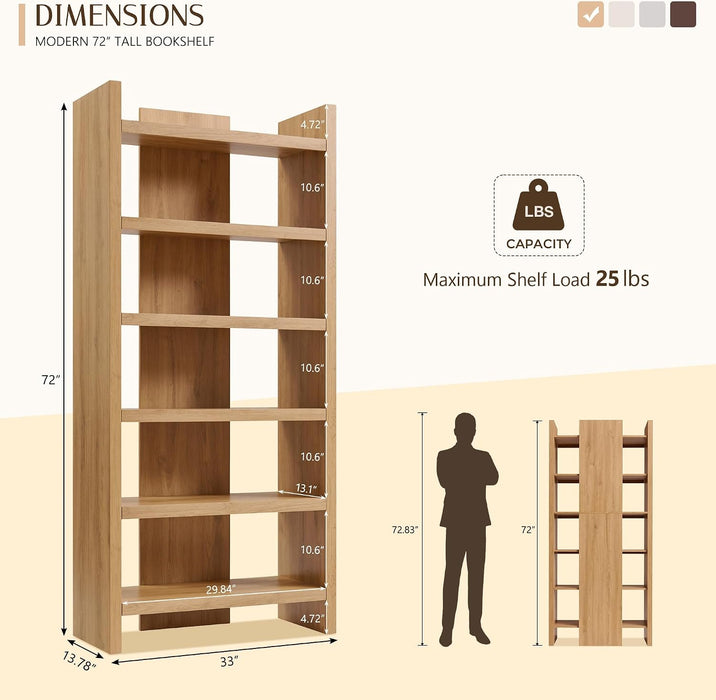 72" Bookcase Open Display Storage Organizer, Modern Bookshelf，Natural
