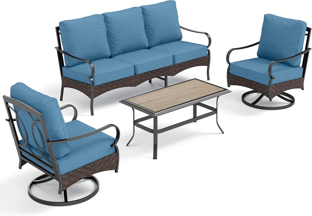 Outdoor Patio Furniture Set, Upgraded Wicker&Metal Patio Conversation Set with Waterproof Thick Cushions for Porch, Poolside, Deck, and Yard (4 Pieces,Navy)