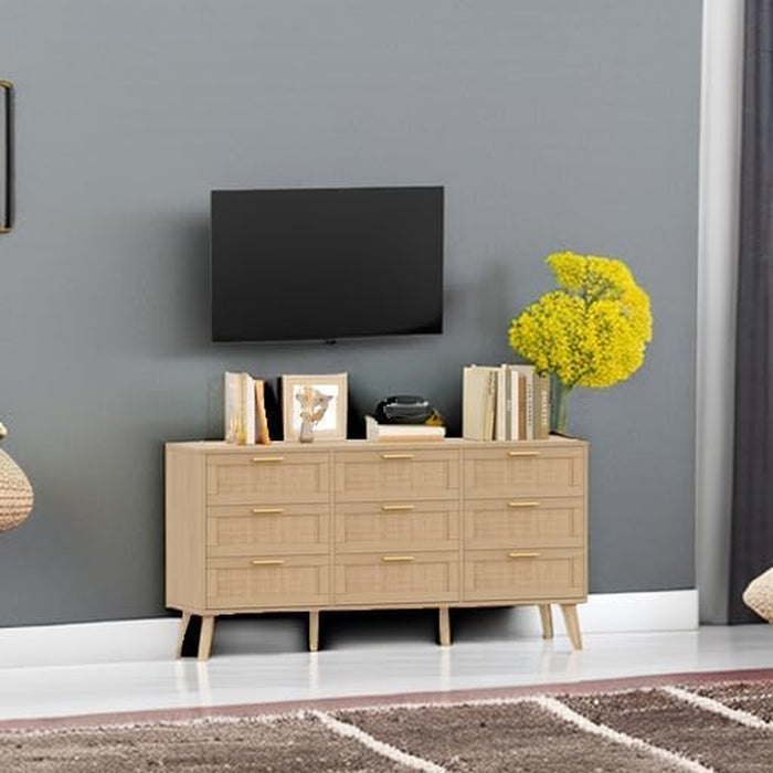 9 Drawer Double Dresser for Bedroom, Rattan Chest of Dressers, Modern Wooden Dresser Chest with Golden Handles, beside Table for Closet, Living Room and Entryway, Natural