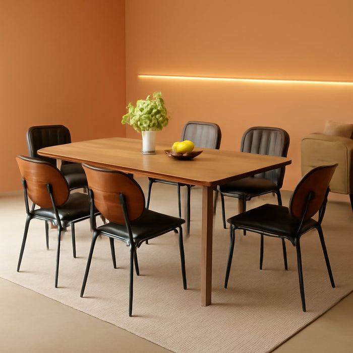 Dining Chairs Set of 6, Mid-Century Modern Upholstered PU Leather Chairs with Walnut Bentwood Back and Metal Legs Adjustable Feet for Kitchen Dining Room, Black Shell Strips