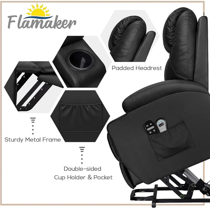 Power Lift Recliner Chair PU Leather with Massage for Elderly Ergonomic Lounge Chair Classic Single Sofa with 2 Cup Holders Side Pockets Home Theater Seat (Leather, Light Black)