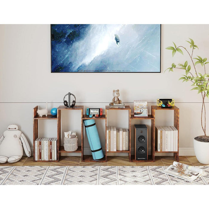 Geometric Bookcase, Bookshelf 6-Tier S Shaped Book Shelves for Bedroom, Modern Wood Decorative Display Shelf Tall Book Case for Home Office, Rustic Brown