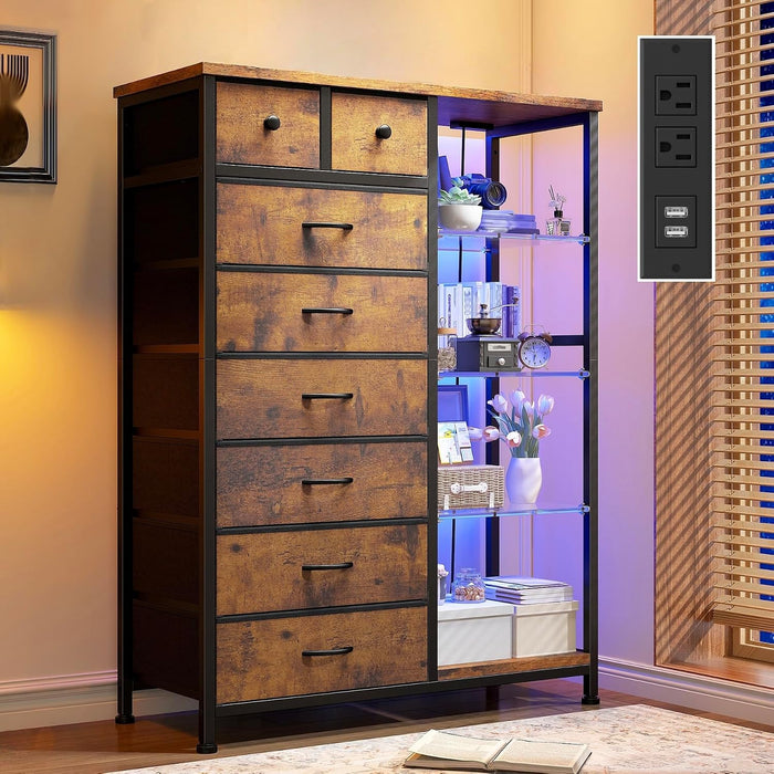 Dresser with LED Lights & Power Outlets, 8 Drawers, 54" H, Brown