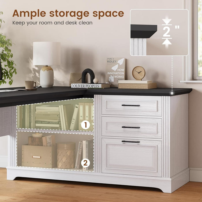 Farmhouse 61" Executive L Shaped Desk, Home Office Desk with File Drawers, Computer Desk with Power Outlets and Storage Shelves for Home Office, White
