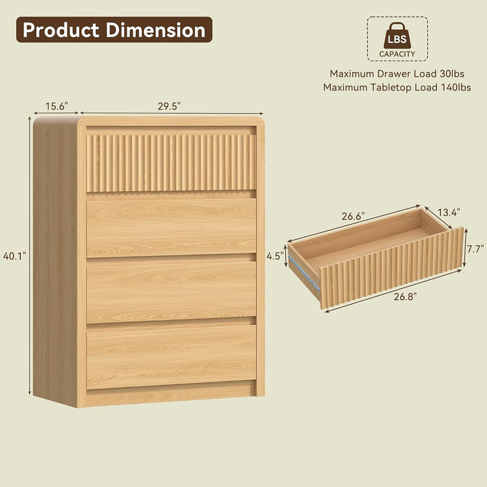Fluted 4 Drawer Dresser for Bedroom, 40” Tall Modern Dresser & Chest of Drawers with Curved Profile Design, Wood Mid Century Dressers for Bedroom, Living Room, Oak