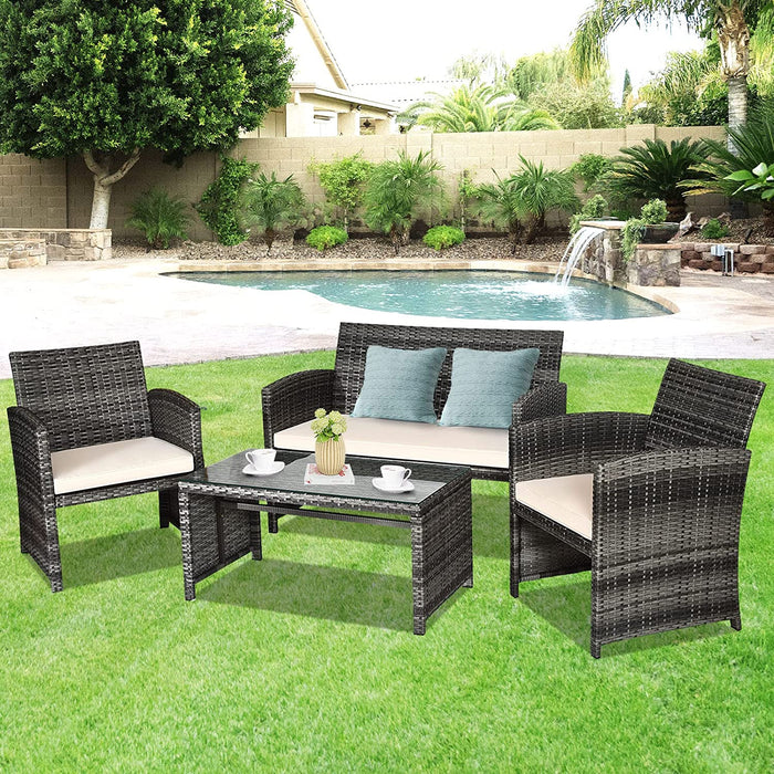 4-Piece Rattan Patio Furniture Set, Outdoor Wicker Conversation Sofa with Weather Resistant Cushions and Tempered Glass Tabletop for Lawn Backyard Pool Garden (Beige)