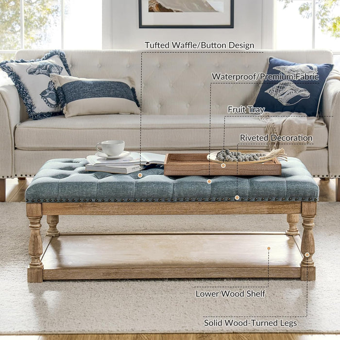 Rectangle Ottoman Coffee Table with Tray, Tufted Living Room Ottoman with Solid Wood Storage Shelf, Blue