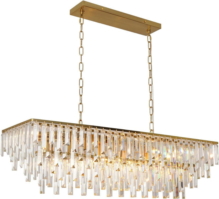 39" Modern Rectangle Crystal Chandelier, Gold Linear Pendant Light with Clear Crystal Prisms, Luxury Island Lighting Fixture for Dining Room Kitchen Table Living Room