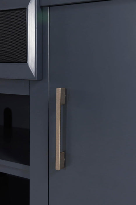 Landocken Contemporary 83" TV Stand for Tvs up to 95" with Fireplace Option, 2 Cabinets, 2 Doors, 2 Adjustable Shelves, Open Cubbies and Cord Openings, Dark Brown & Blue