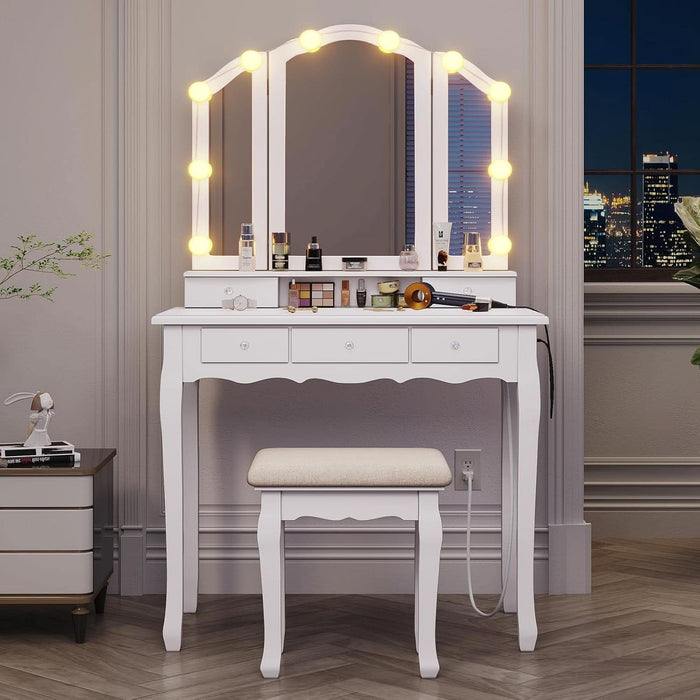 White Makeup Vanity with Lights & Charging Station, Vanity Desk with Mirror and 3 Colors of Lighting Effects, Vanity Table with Tri-Fold Mirror & Necklace Hooks, Makeup Table with Stool