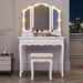 White Makeup Vanity with Lights & Charging Station, Vanity Desk with Mirror and 3 Colors of Lighting Effects, Vanity Table with Tri-Fold Mirror & Necklace Hooks, Makeup Table with Stool