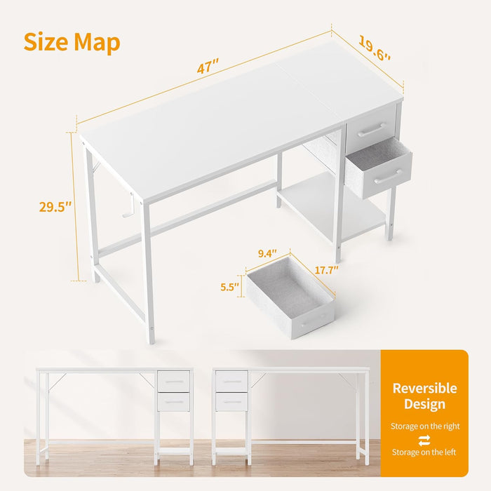 47 Inch White Ergonomic ExecutiveDesk With Drawers
