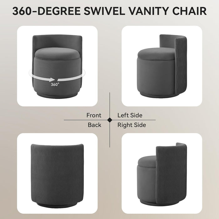 Charcoal Gray Velvet Vanity Chair Swivel Mechanism