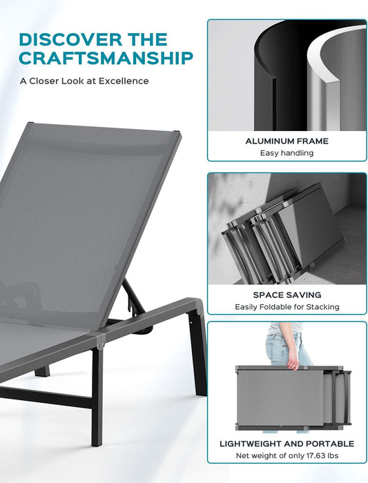 Foldable Outdoor Lounge Chair, No Assembly Patio Chaise Lounge Outdoor with 5-Positions, Aluminum Pool Lounge Chair with Portable Design for Pool, Deck, Beach, Backyard, Gray