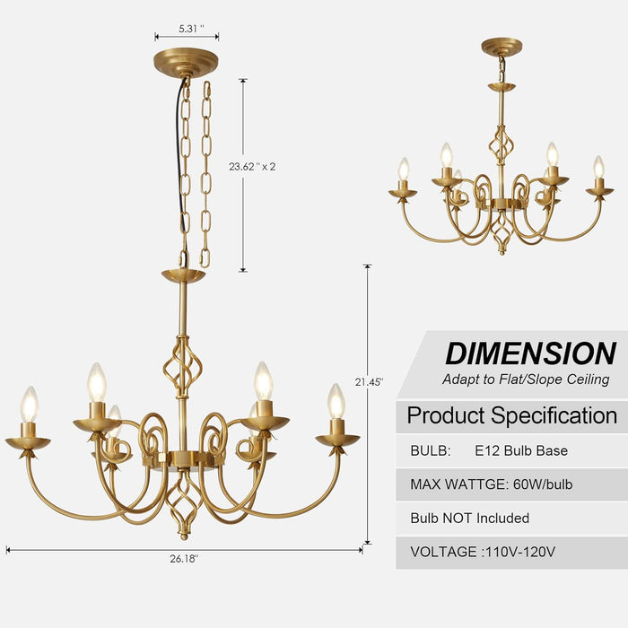 Modern Gold Chandelier for Dining Room 6 Lights Candle Chandelier Light Fixtures 26" Hanging Pendant Light Rustic Industria Chandeliers for Farmhouse Living Room Bedroom Foyer Entryway