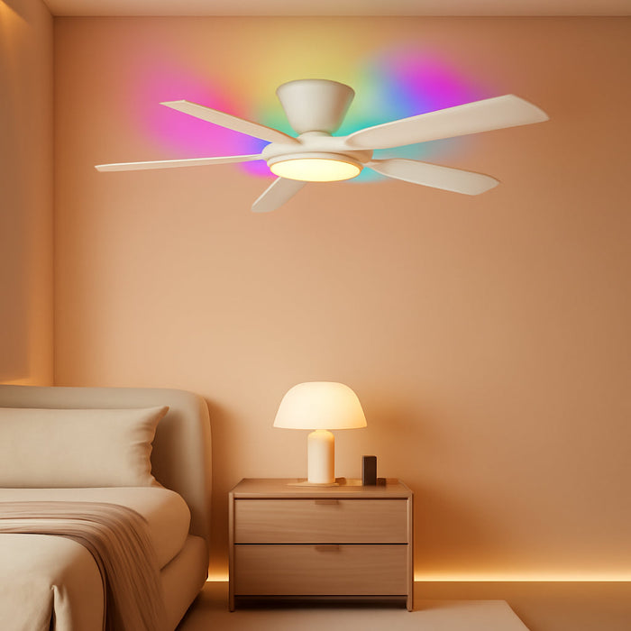 Flush Mount RGB Ceiling Fan with RGB Light - 52In White Ceiling Fan Light with Reversible Mute Motor, 3CCT LED Dimmable, Low Profile Modern Ceiling Fans for Indoor, Party, Living Room