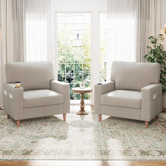 Oversized Mid Century Armchair Cupholder Beige Upholstered