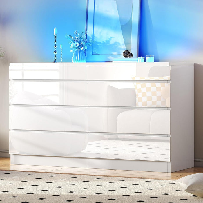 Contemporary White LED Dresser With Tempered Glass