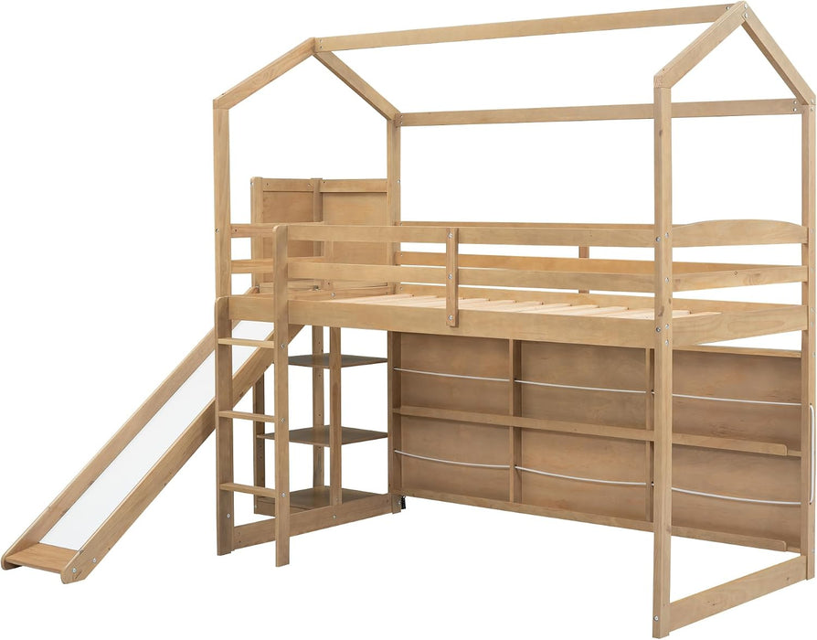 Twin EngineeredWood Loft Bed With Slide StorageShelves