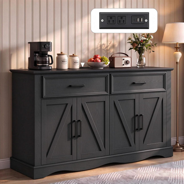 56" Farmhouse Black Buffet Cabinet with Charging Station