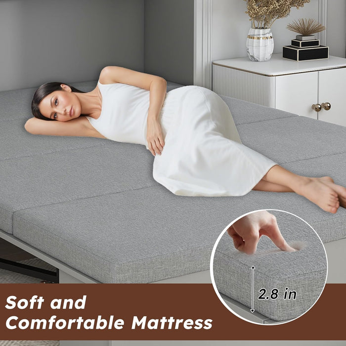 57" Full Murphy Bed W/Charging Station, Mattress & Drawers, Wall Cabinets Murphy Storage Bed W/Foldable Panels & Swivel Wheels for Bedroom/Guest Room/Living Room