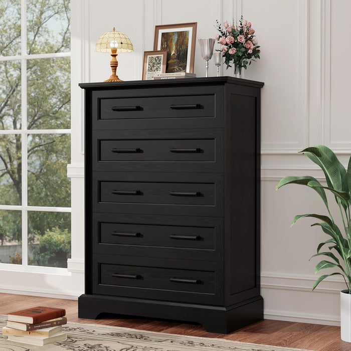 Tall Dresser for Bedroom,Farmhouse 5 Drawers Dresser, Chest of Drawer Chest, Multi-Tier Clothing Storage Cabinet, Black