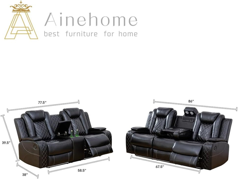 Power Leather Recliner Sofa Sets, 2 Pieces Living Room Furniture Sets with LED Lights, Grey Reclining Sofa Sets with USB Port for House/Office/Rv(C-Black, Sofa+Loveseat)
