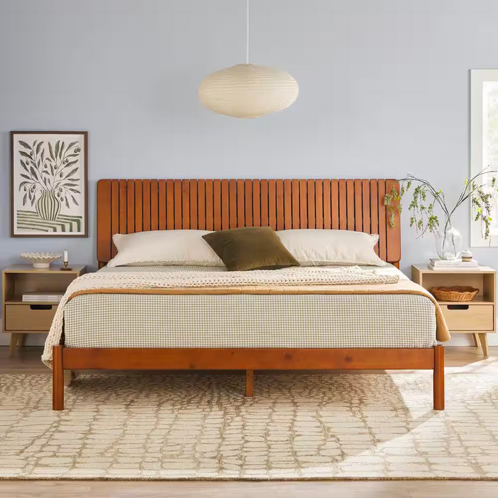 Transitional Brown Solid Wood Frame King Platform Bed with Minimalist Slatted Headboard