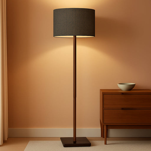 Floor Lamp with Walnut Rubberwood Base and Grey Fabric Lampshade – 58.5” X 16”, 3-Way Adjustable Brightness, Lamp for Bedroom, Living Room, and House Decor