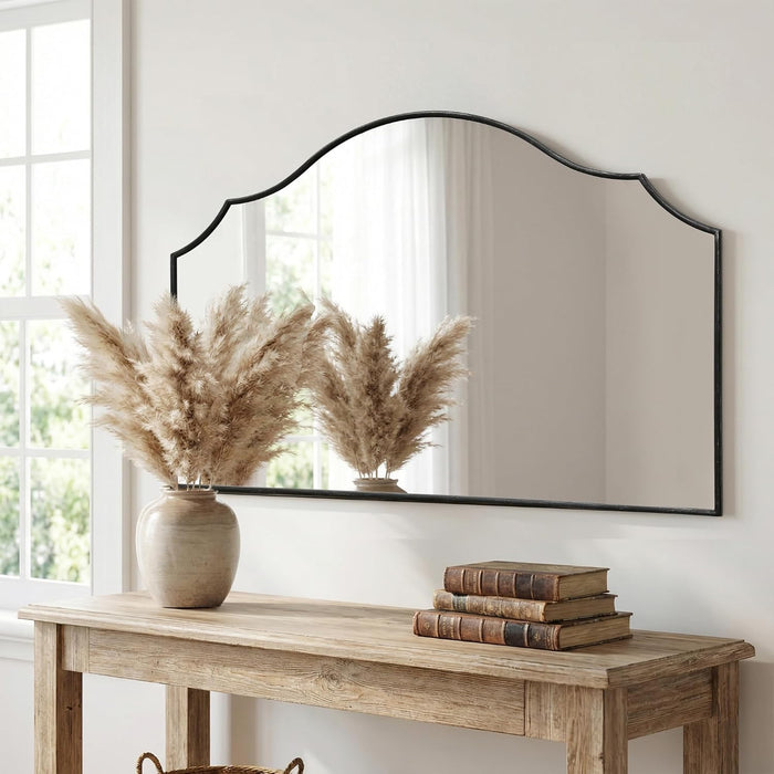 Black Scalloped Wall Mirror: 47"X31" Large Wooden Fireplace Mirror