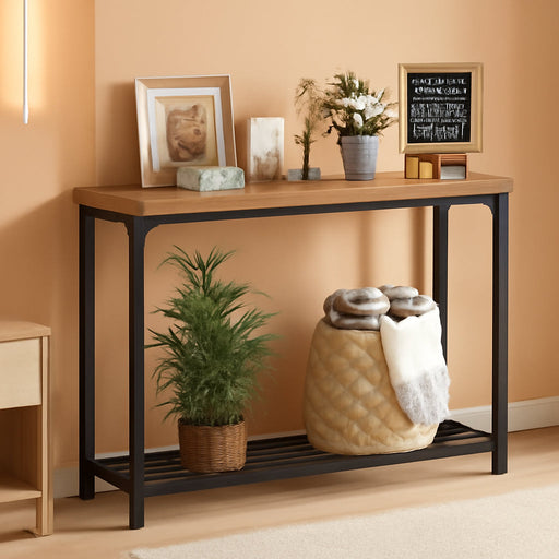32" Small Console Table with 2-Tier Storage, Industrial Narrow Entryway Table, Sofa Table behind Couch for Hallway, Foyer & Living Room, Sturdy Metal Frame, Rustic Brown