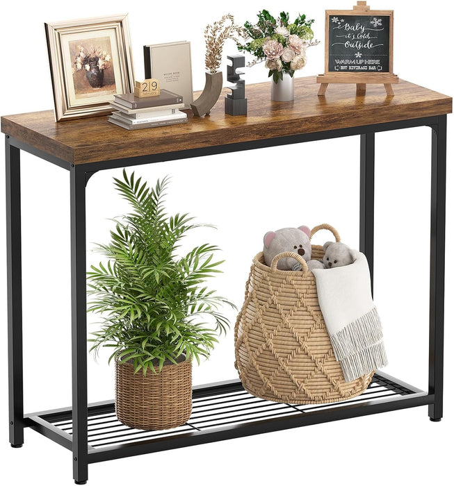 32" Small Console Table with 2-Tier Storage, Industrial Narrow Entryway Table, Sofa Table behind Couch for Hallway, Foyer & Living Room, Sturdy Metal Frame, Rustic Brown