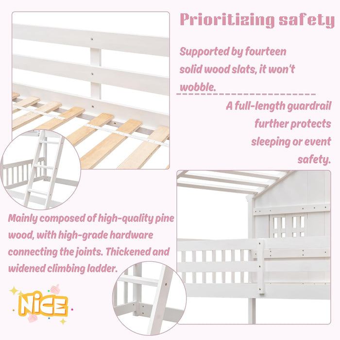 White SolidWood Playhouse BunkBed TwinOverTwin WithRoof Kids