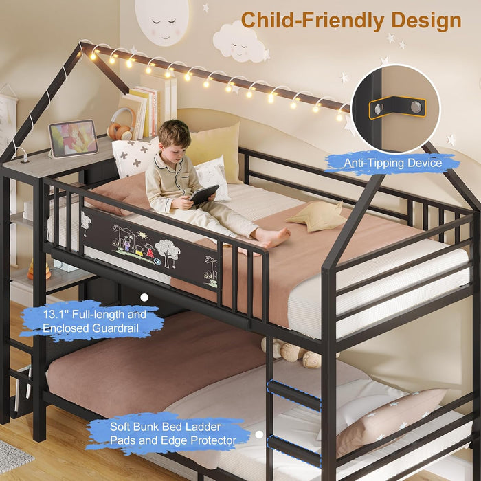 Bunk Bed Twin over Twin with Storage Drawers and Globe String Lights House Shaped Low Bunk Bed with Montessori Bookshelf Metal Bunk Beds for Kids with Ladder and Guardrail,Space Saving, Black