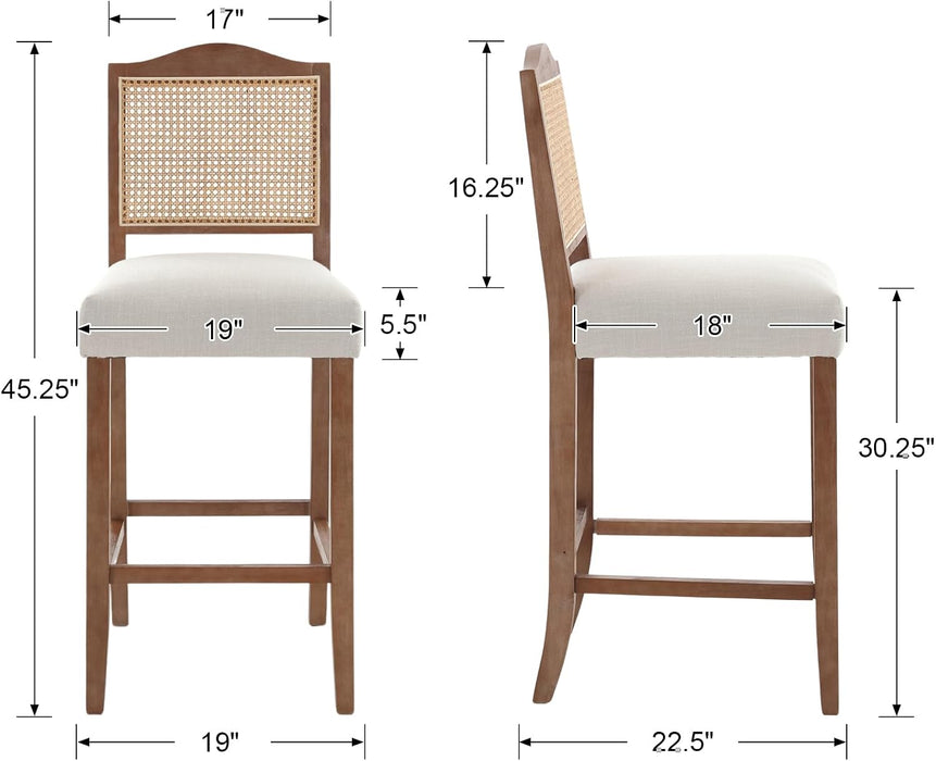30 Inch Counter Height Stools Set of 2 Rattan Farmhouse Barstools Mid Century Modern Bar Chairs Upholstered Kitchen Bar Stools with Wood Legs for Island/Dining Room, Linen Beige