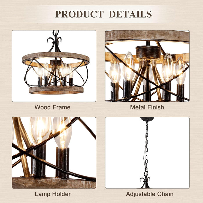 20 Inch Handcrafted Wood Farmhouse Drum Chandelier