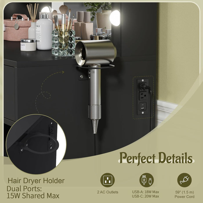 Vanity Desk With Extended Mirror Black PowerOutlet