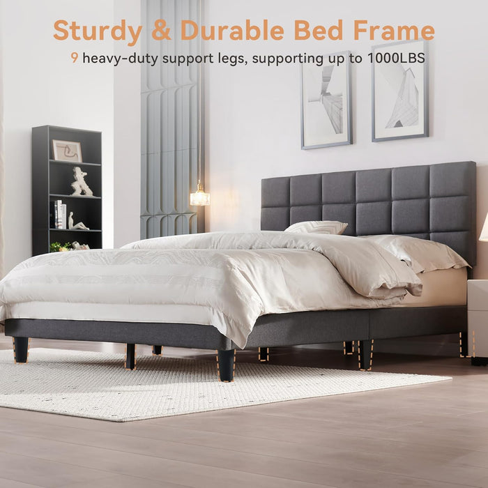 Queen Size Bed Frame with Fabric Upholstered Headboard, Bed Frame Queen Size with Solid Wooden Slats Support, No-Noise, Easy Assembly, No Box Spring Needed with 1000LBS, Grey