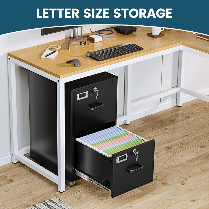 2 Drawer File Cabinet with Lock, Vertical Metal Filing Cabinets for Home Office, Lockable Storage File Cabinets under Desk, A4/Letter File Folders(Black)-Assembly Required