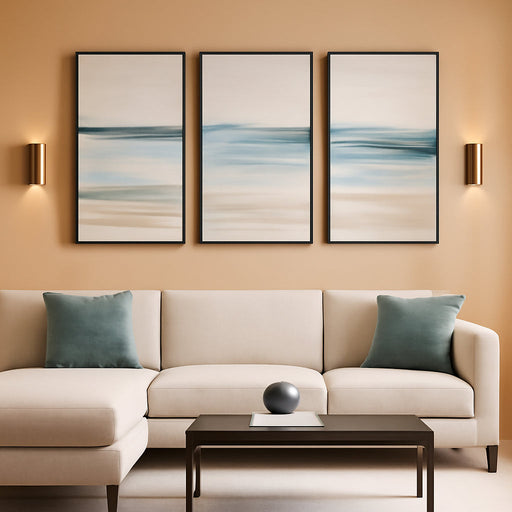 Framed Abstract Coastal Wall Art for Living Room, Large Blue Coastal Landscape Decor, 3 Piece Minimalist Beach Ocean Painting Artwork for Walls, Canvas Prints for Bedroom Hallway Wall Decor, 24X36 In