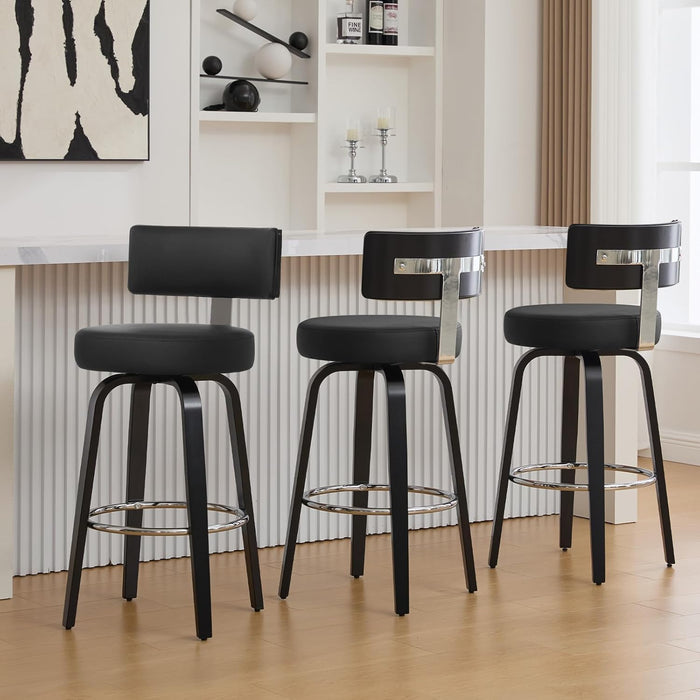Swivel Counter Height Bar Stools Set of 3, 29" Upholstered Faux Leather Barstools with Back, Mid Century Modern Counter Stools with Black Walnut Wood Legs for Kitchen Island, Black
