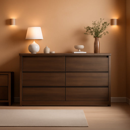 6 Drawer Double Dresser for Bedroom, L Shaped Modern Simply Chest of Drawers, Wood Storage Corner Dresser with Anti-Tipping for Living Room Entryway Home Office, Walnut