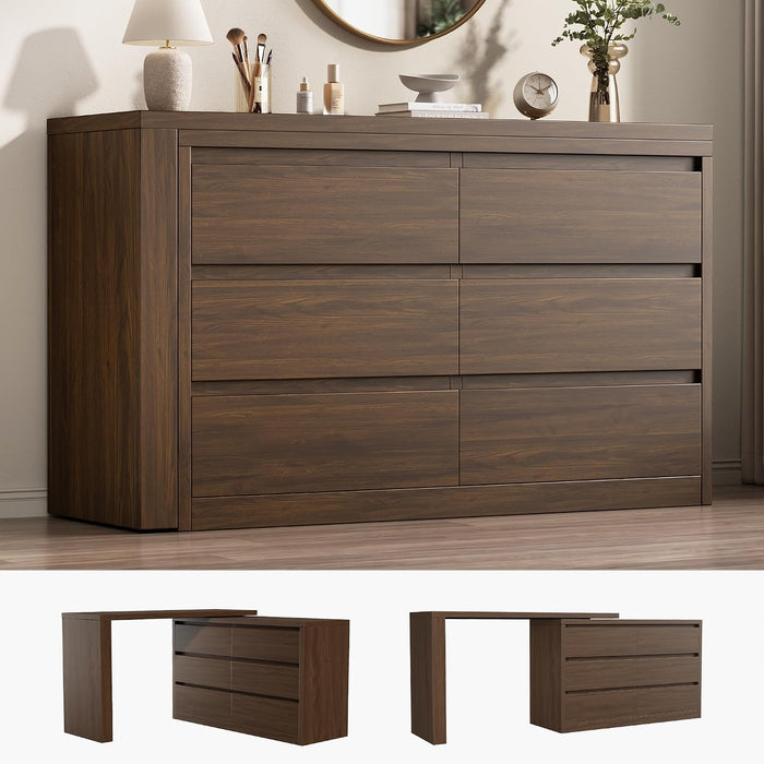 6 Drawer Double Dresser for Bedroom, L Shaped Modern Simply Chest of Drawers, Wood Storage Corner Dresser with Anti-Tipping for Living Room Entryway Home Office, Walnut