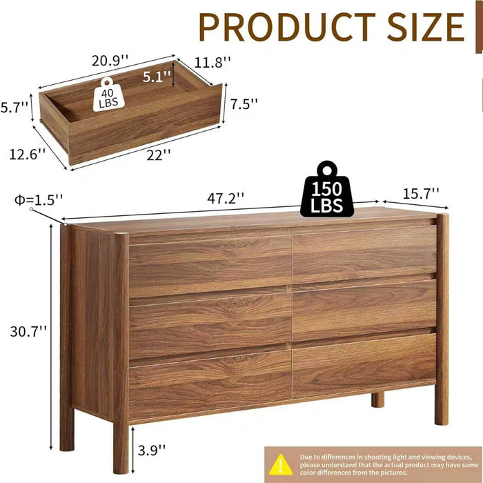 Walnut 6 Drawers Dresser for Bedroom, 47.2" Wide Mid Century Modern Chest of Drawers with 4 Solid Wood Cylindrical Legs and Large Storage Space, Large Dresser for Bedroom