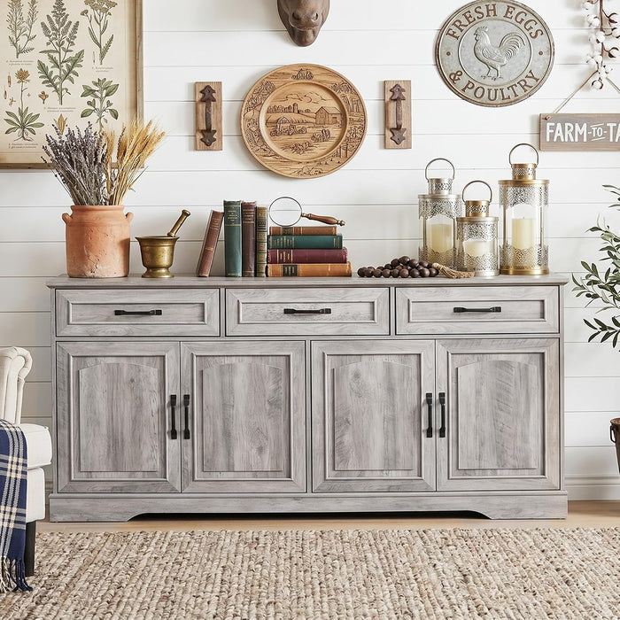 66" Large Sideboard Buffet Cabinet with Storage, Farmhouse Buffet Sideboard | Grey Coffee Bar, Wine Bar, Rustic Kitchen Storage Cabinet with Drawers, Weathered Ash, Ample Storage Space, Adjustable Shelf