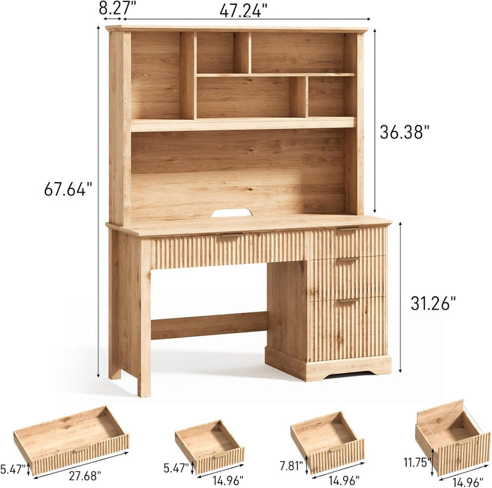 Halitaa Fluted Executive Desk with Drawers, Wood Computer Desk with Ample File Drawer, Home Office Desk with Hutch for Study, Bedroom, Living Room, Oak